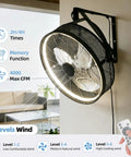 20-Inch Wall Mounted Fan With Lights, 360 Degree Tilt, Remote And App Control, 6 Speed Reversible, mounted in a living room.