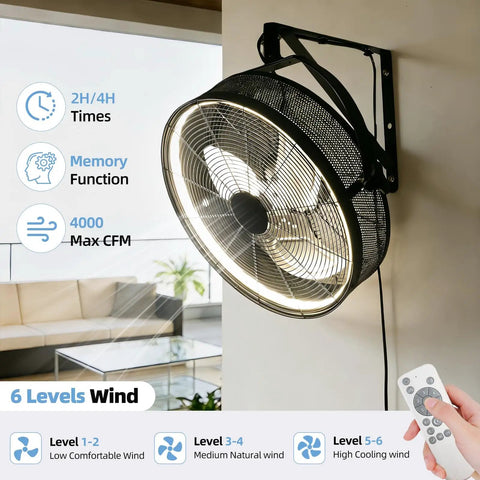 20-Inch Wall Mounted Fan With Lights, 360 Degree Tilt, Remote And App Control, 6 Speed Reversible, mounted in a living room.