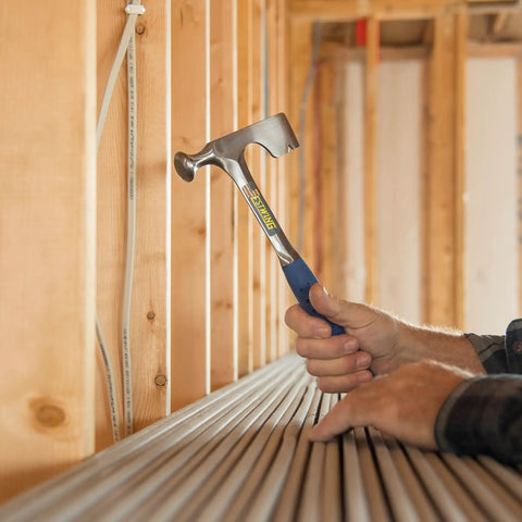 Pro Grade On The Job Drywall Hammer 14 Oz With Milled Face And Shock Reduction Grip for framing installation E3 11 in use