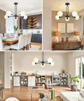 Matte Black 5 Light Globe Sputnik Chandelier For Dining Room Kitchen Living Room And Bedroom Semi Flush Mount With Frosted Glass Shades Delivers Warm Glow And Modern Farmhouse Vibe in dining, living, and kitchen settings.