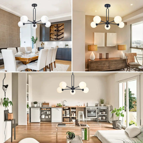 Matte Black 5 Light Globe Sputnik Chandelier For Dining Room Kitchen Living Room And Bedroom Semi Flush Mount With Frosted Glass Shades Delivers Warm Glow And Modern Farmhouse Vibe in dining, living, and kitchen settings.