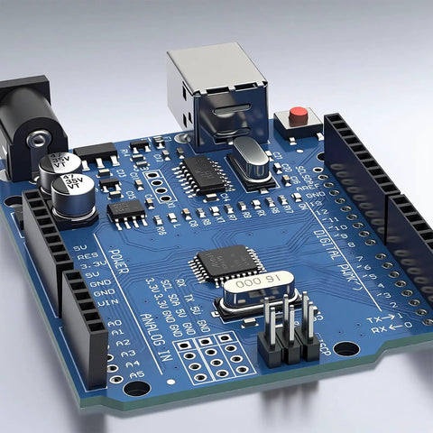 Close-up of Arduino Compatible ATmega328P Microcontroller Board With USB Cable For Beginners And Pros showing 14 digital I/O pins.