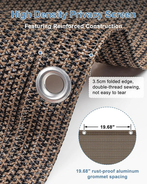 Close-up of brown balcony privacy screen fence cover 3x10 ft HDPE mesh with grommets showing reinforced construction.