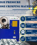 Heavy Duty Electric Hydraulic Hose Crimping Machine Workhorse With Ten Interchangeable Dies For One Quarter To Two Inch Steel And Oil Pipes on display with detailed features.