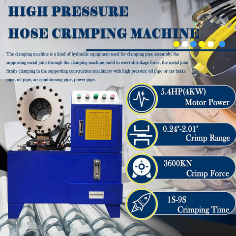 Heavy Duty Electric Hydraulic Hose Crimping Machine Workhorse With Ten Interchangeable Dies For One Quarter To Two Inch Steel And Oil Pipes on display with detailed features.