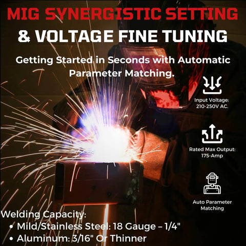 Welder using a 175A MIG Welder With Synergistic Auto Settings, Voltage Fine Tuning, Gas MIG And Flux Core Welding, 240V