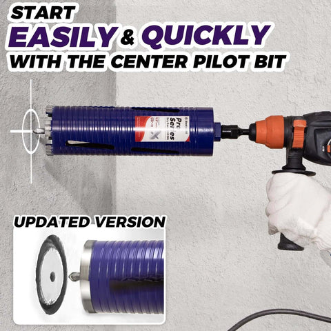 Side view of DaduoRi 2-1/2-inch pro dry core drill bit with center pilot, mounted on a power drill for concrete.