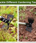 Long Handle Weed Puller Tool With 44 Inch Reach Dual Head 2 In 1 Garden Weeder And Hoe in use on garden soil