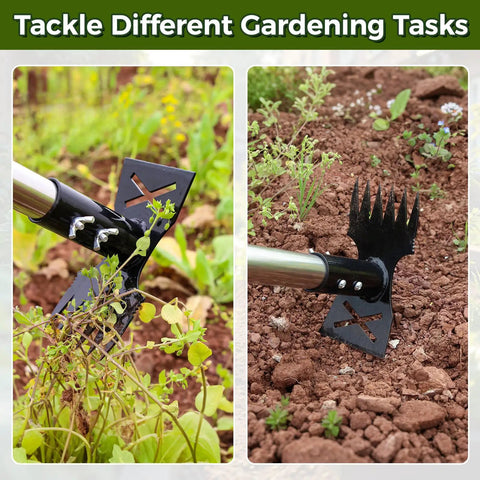 Long Handle Weed Puller Tool With 44 Inch Reach Dual Head 2 In 1 Garden Weeder And Hoe in use on garden soil