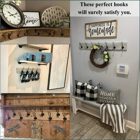 Collage of Rustic Entryway Hooks 12 Pack Farmhouse Style Wall Mounted Coat Hooks Rack With Screws Included in various home settings.