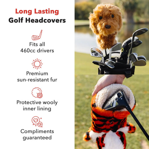 Pirate Driver Headcover for Golf Clubs with Fully Lined Elastic Fit, shown on driver with tiger design and golf bag.
