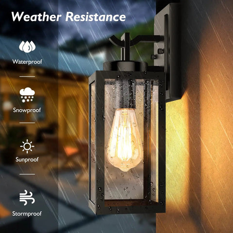 2 Pack Outdoor Wall Light Fixtures Exterior Waterproof Anti Rust Glass Shades Matte Black Porch Sconces For Patio Front Door Garage Wall Mounted Lighting E26 Modern Sconces Built Tough No Fuss Easy Install with raindrops showing weather resistance.