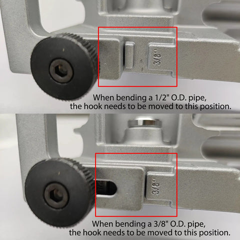 Close-up of 2 In 1 Manual Tubing Bender For Copper And Aluminum OD 3/8 And 1/2 Inch 180 Degree Bends showing hook positions