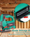 Jig Saw With 800W Pure Copper Motor 6 Speed Settings 4 Orbital Settings and blade storage box visible on wooden surface