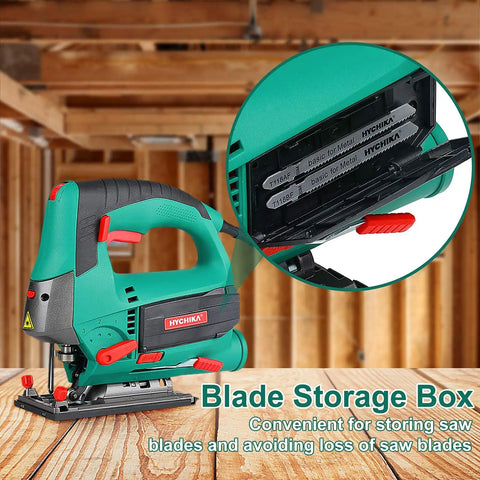Jig Saw With 800W Pure Copper Motor 6 Speed Settings 4 Orbital Settings and blade storage box visible on wooden surface