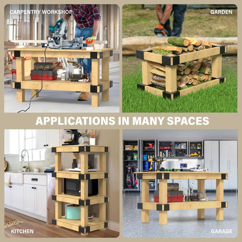 Set Of 8 Rock Solid Heavy Duty Workbench Bracket Kit With Screws For 4X4 And 2X4 Lumber used in various applications like kitchen and garage.