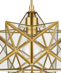 Close-up of Modern Gold Moravian Star Pendant Light With Clear Glass Shade Adjustable 47.2 Inch Hanging Wire Handcrafted Brass Star Fixture