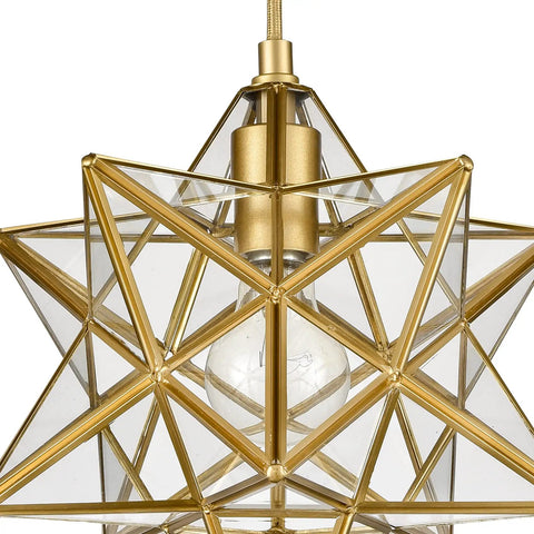 Close-up of Modern Gold Moravian Star Pendant Light With Clear Glass Shade Adjustable 47.2 Inch Hanging Wire Handcrafted Brass Star Fixture