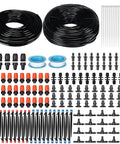 394 Ft Drip Irrigation Kit For Garden And Lawn with hoses, misting nozzles, barbed fittings, couplers, end plugs, flat tees visible.