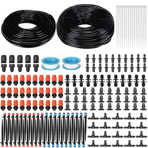 394 Ft Drip Irrigation Kit For Garden And Lawn with hoses, misting nozzles, barbed fittings, couplers, end plugs, flat tees visible.