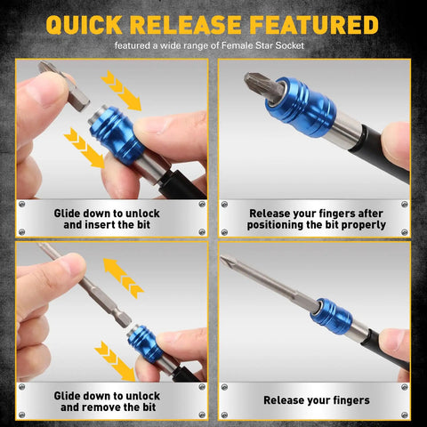 Close-up of 3 Piece One Quarter Inch Quick Change Drill Bit Holder Set With Four Inch Hex Shank Extensions demonstration steps