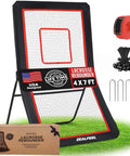 4x7Ft Backyard Lacrosse Rebounder With 5 Angles And Target Strip For Multi Sport Practice, shown with accessories and packaging