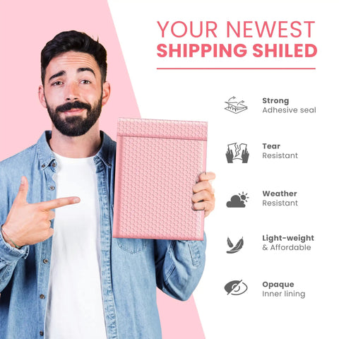 Person holding light pink 8.5 by 12 inch bubble mailers self seal padded envelopes next to features list.