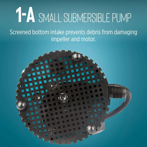 Bottom view of Tiny But Mighty Submersible Pump 1-A 115 Volt 1/200 HP 170 GPH with screened intake