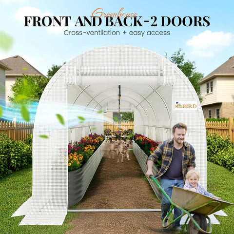 Backyard Growers Favorite 15x7x7 Ft Walk In Greenhouse With Pro Grade Heavy Duty Galvanized Steel Frame Mesh Door Screen Window Hoop Tunnel Design White Finish Includes Brass Irrigation Kit For Easy Watering