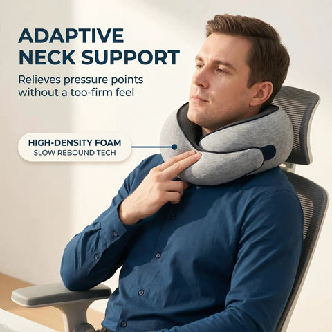 Man using Memory Foam U Shaped Travel Neck Pillow With Plush Velvet Cover And Breathable Mesh for neck support.