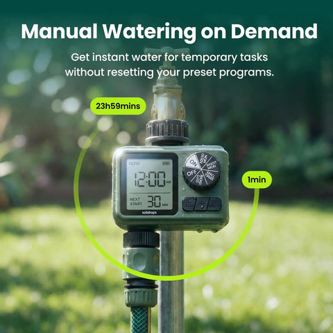 Programmable Garden Hose Sprinkler Timer With One Or Two Outlet Controller Self Cleaning Valve shown in garden