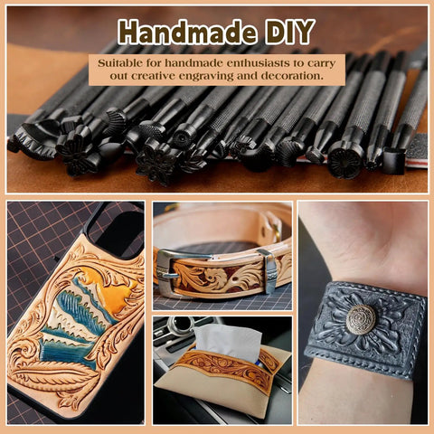 20 Piece Leather Stamping Tools Set With Various Shape Stamps For Saddle Making Carving And Craft DIY Projects Great For Beginners And Pros Durable Stainless Steel Craft Tools Ideal For Leather Hobbyists And Professionals Alike displaying different leather crafts.