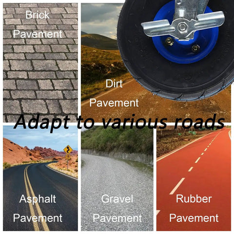 Heavy Duty Pneumatic Rubber Casters Set Of Four With Side Brakes shown on various pavements like asphalt and gravel.