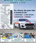 Nissan paint code location guide with labeled areas on a car and color palette samples for professional comparison and calibration.