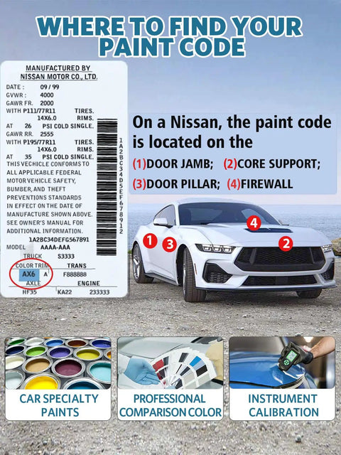 Nissan paint code location guide with labeled areas on a car and color palette samples for professional comparison and calibration.