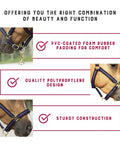 Super Comfy Padded Breakaway Horse Halter with adjustable chin and throat snap, featuring foam rubber padding and durable polypropylene.