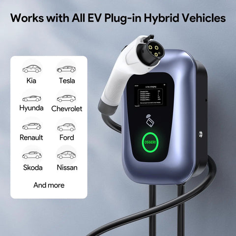 Rock Solid Level 2 Electric Vehicle Charger With Smart App Control 48 Amps 240 Volt showing compatibility with various EV models.