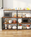 Rustic Brown Kitchen Bakers Rack With Power Outlets And A 31.5 Inch Desktop Four Tier Storage Coffee Bar Station With Eight S Hooks Microwave And Spice Organizer For Pots And Appliances