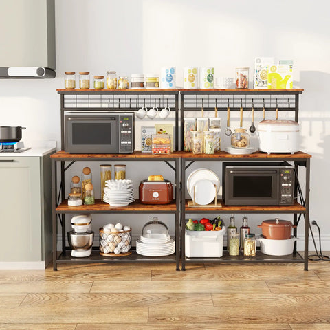 Rustic Brown Kitchen Bakers Rack With Power Outlets And A 31.5 Inch Desktop Four Tier Storage Coffee Bar Station With Eight S Hooks Microwave And Spice Organizer For Pots And Appliances