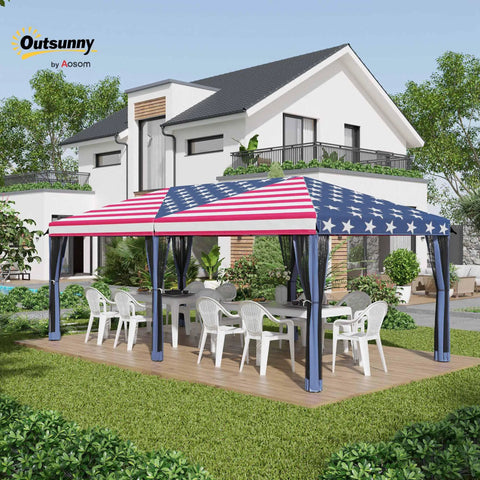 10 By 20 Pop Up Canopy Tent With Netting Heavy Duty Party Shelter For Backyard Patio And Garden Instant Sun Shade With Carry Bag American Flag Design