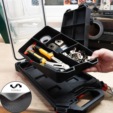 Quad FlexiTray Flexible Tool Tray System For Milwaukee PACKOUT Compatible Organizer with tools and nuts in garage setting