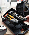 Six FlexiTray Flexible Tool Trays Milwaukee PACKOUT Compatible, shown organizing tools and parts in a garage setting.