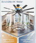 65 Inch Large Ceiling Fan No Light With Remote 6 Speed Reversible Quiet DC Motor 10 Blade Dual Color Black And Wood Grain