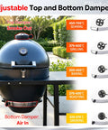 Kickass 22 Inch Steel Kamado Charcoal Grill And Egg Smoker With Cart showcasing adjustable top and bottom dampers for cooking.