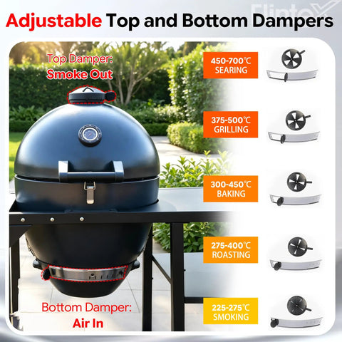 Kickass 22 Inch Steel Kamado Charcoal Grill And Egg Smoker With Cart showcasing adjustable top and bottom dampers for cooking.