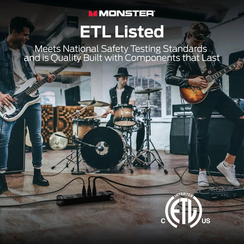 Musicians playing in a studio with Power Strip Pro Surge Protector With 1960 Joules Of Protection Eight Outlets And Two USB A Ports Fifteen Foot Extension Cord Fireproof MOV providing power on stage floor.