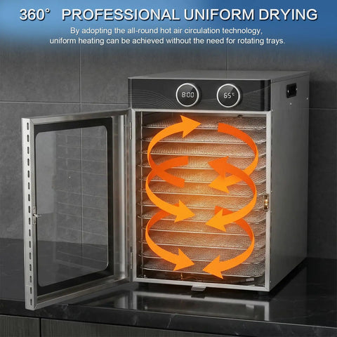 Badass Electric Food Dehydrator With 12 Stainless Steel Trays 1200W High Power showcasing uniform drying feature.