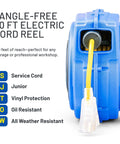 Side view of blue Retractable Extension Cord Reel With 50 Foot 16 AWG Cable, 3C SJTOW Heavy Duty housing, yellow cord.