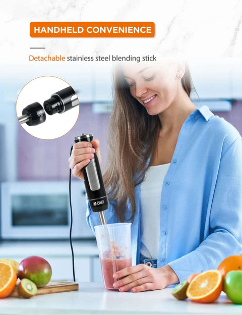 Dope Performance 500 Watt Immersion Hand Blender With Detachable Stainless Steel Shaft blending smoothie in clear cup.