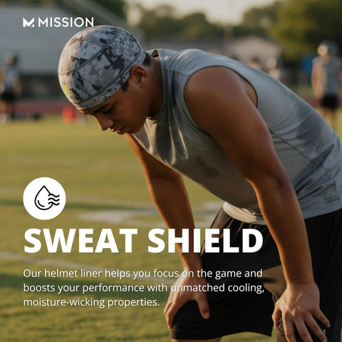 Man wearing Cooling Helmet Liner That Cools Instantly When Wet, UPF 50 Sun Protection, Lightweight breathable in Digital Camo Gray.